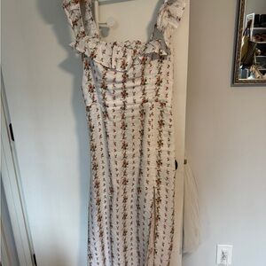 Reformation Cream Floral Midi Dress with Ruffle Straps and Slit